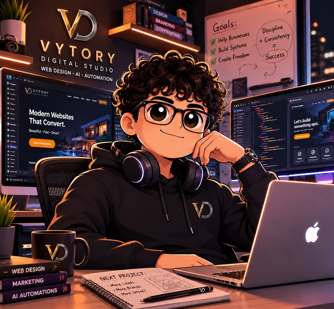 The VYTORY studio desk: brand work, code, and design running side by side
